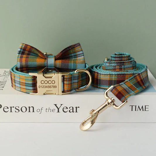 Luxury handmade tartan pet leash in heather green with customizable engraving and optional bow tie.