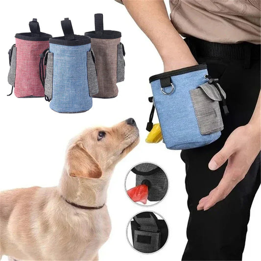 Dog training with versatile treat pouch in blue, red, and brown.