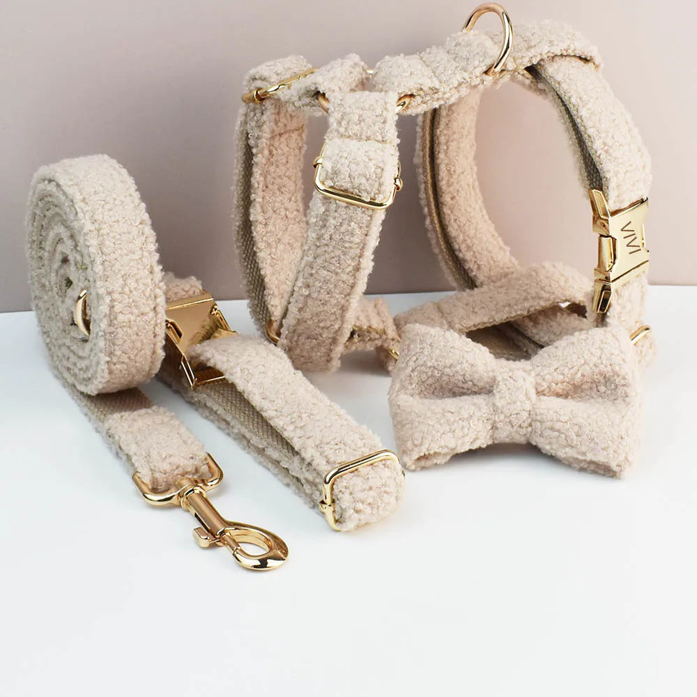 Handmade Teddy Fabric Beige Luxury Pet Accessories Set with Gold Hardware