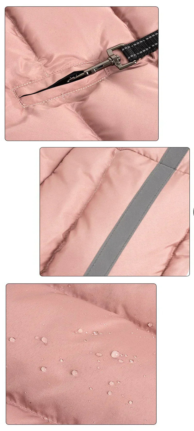 Waterproof dog coat with zip opening, insulation, and water-resistant fabric.