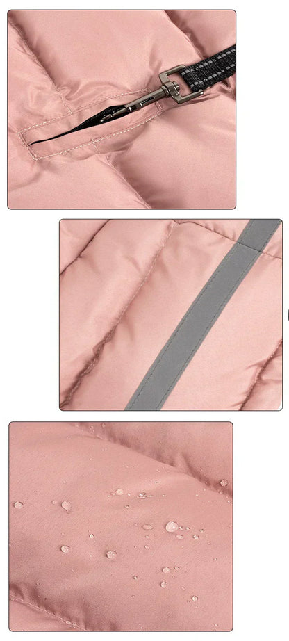 Waterproof dog coat with zip opening, insulation, and water-resistant fabric.