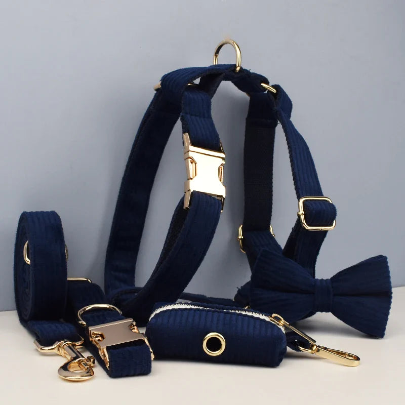 Luxury handmade corduroy fabric pet accessories in midnight blue with engravable options.