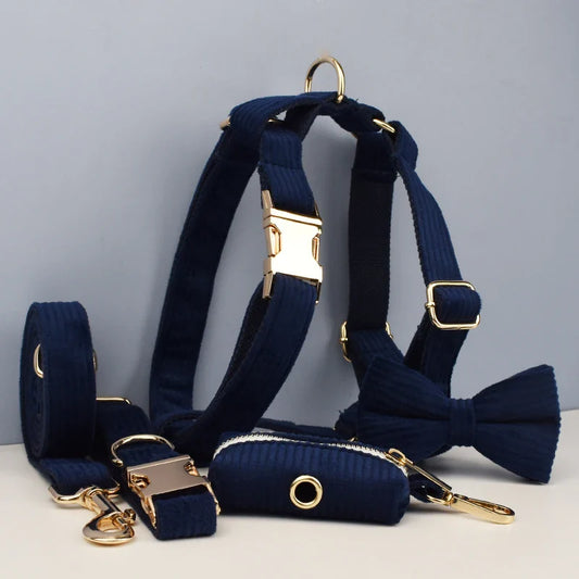 Luxury handmade corduroy fabric pet accessories in midnight blue with engravable options.