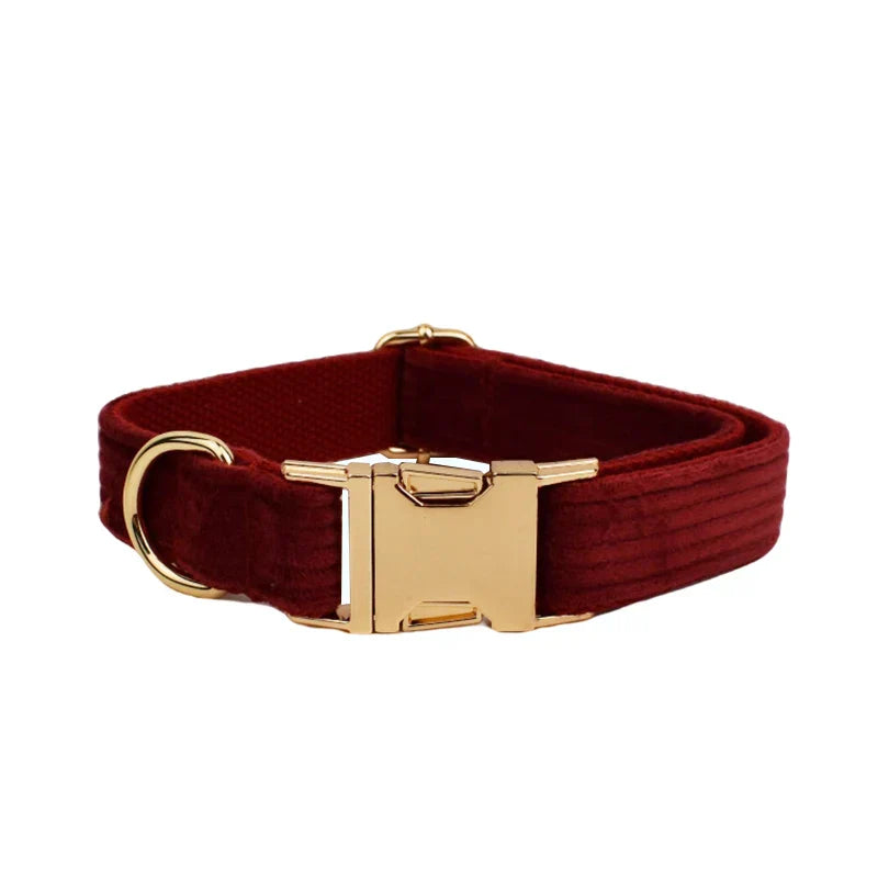 Luxury red handmade corduroy fabric pet collar with gold hardware.