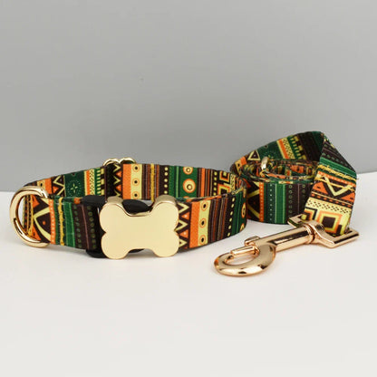 Ethnic style dog collar with custom engraved nameplate and leash in vibrant striped pattern for all dog sizes.