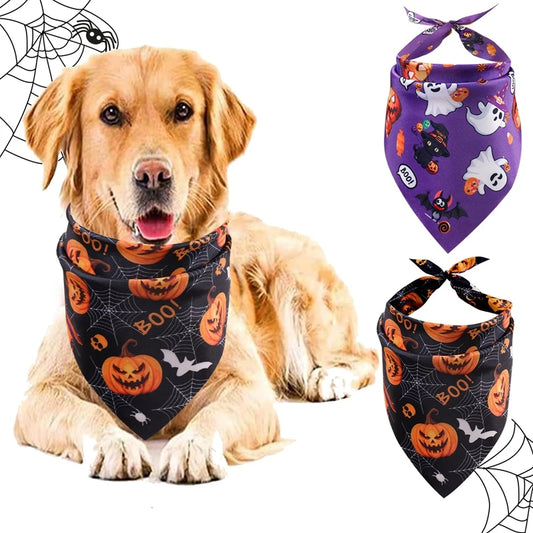 Halloween Dog Bandanas (Set of 2) – Pumpkin & Ghost Designs | Adjustable Pet Scarf for Dogs