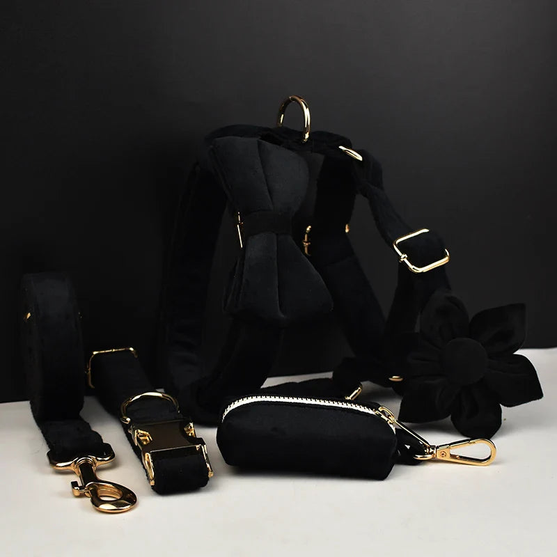Wedding Tails black velvet dog harness set with bowtie and gold-tone hardware.