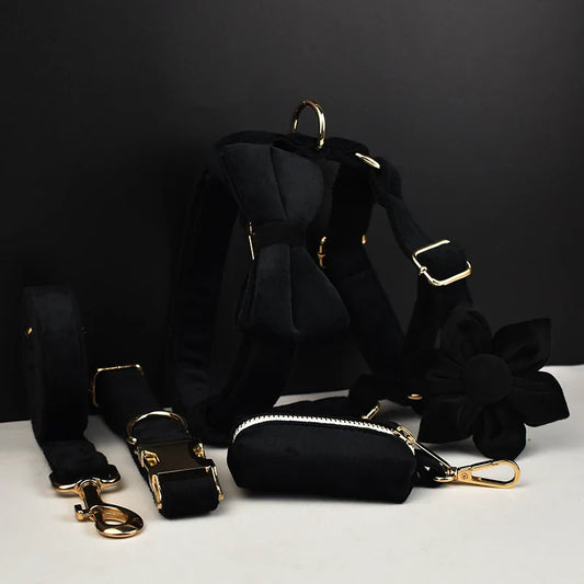 Wedding Tails black velvet dog harness set with bowtie and gold-tone hardware.