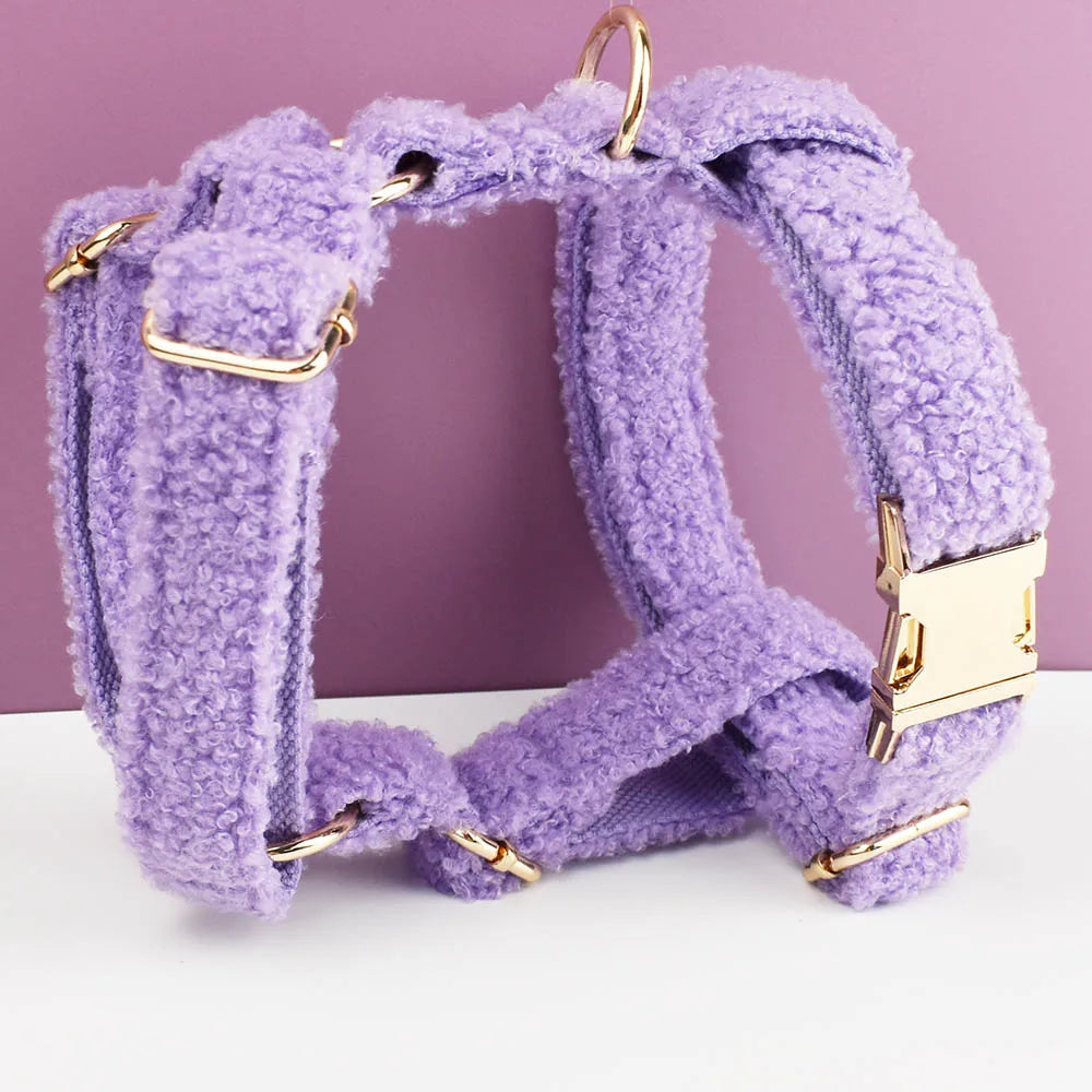 Lilac handmade teddy fabric dog harness with gold hardware, luxury pet accessory.