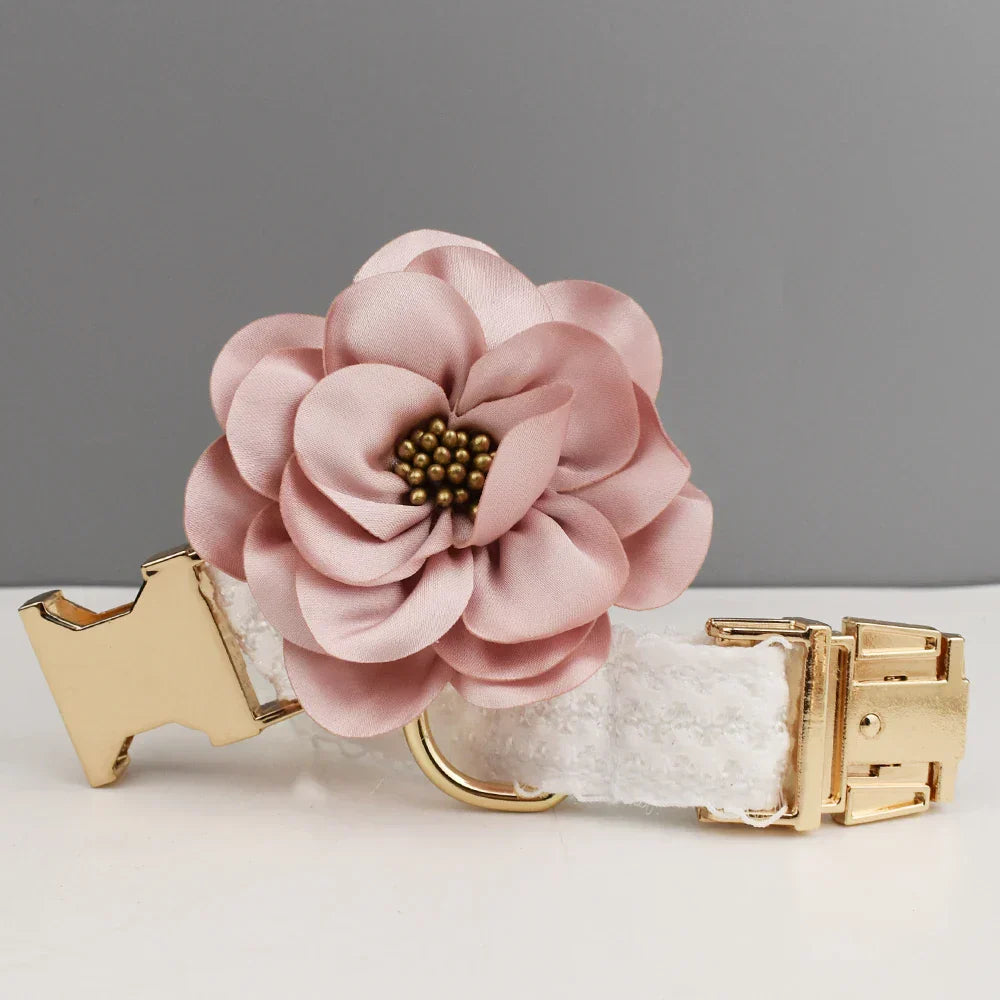 White lace dog collar with gold-tone hardware and pink flower, perfect for dog wedding attire.