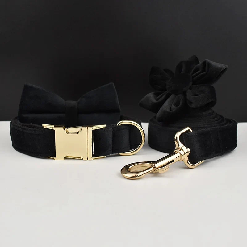 Elegant black velvet dog harness collection with gold hardware, featuring a bowtie and flower accessory, perfect for weddings.