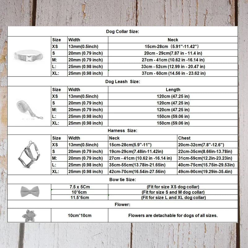 Size chart for "Wedding Tails" White Lace Dog Harness Collection, including dog collar, leash, harness, bow tie, and flower dimensions.