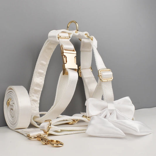 Ever After Ivory – Personalised Dog Wedding Set With Harness, Lead Collar & Bow