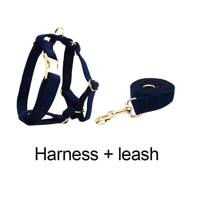 Midnight blue handmade corduroy pet harness and leash set with gold hardware.