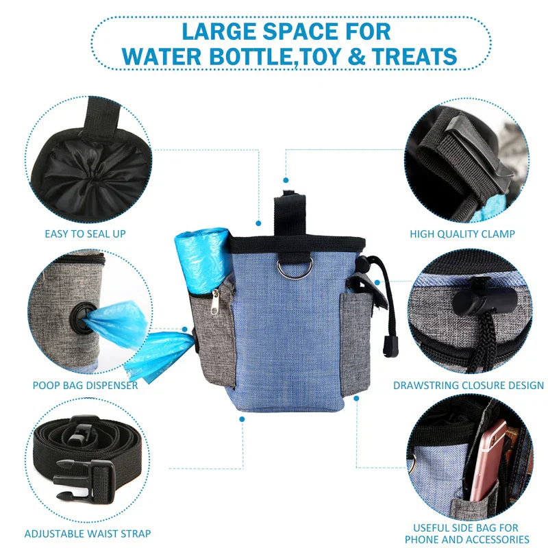 Versatile Treat Pouch with spacious compartments for treats, toys, water bottle, and essentials; features poop bag dispenser and adjustable waist strap.