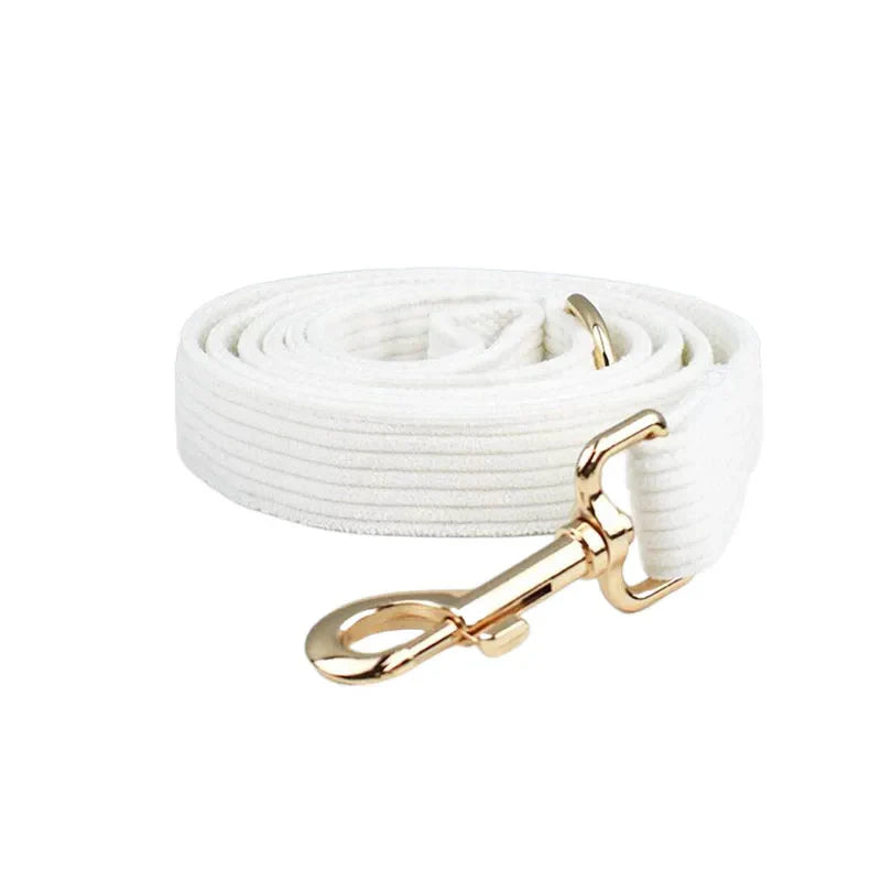 Luxurious white corduroy dog leash with gold hardware for a stylish accessory.