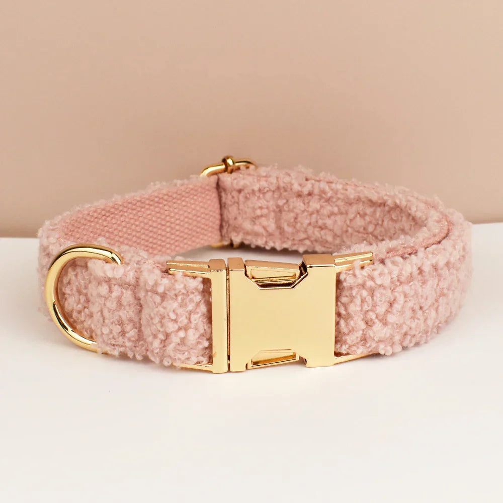 Teddy Fleece Personalised Dog Collar with gold buckle and optional bow tie.