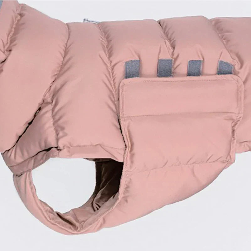 Waterproof and insulated dog coat in soft fabric, featuring adjustable closures; perfect for keeping dogs warm and dry.