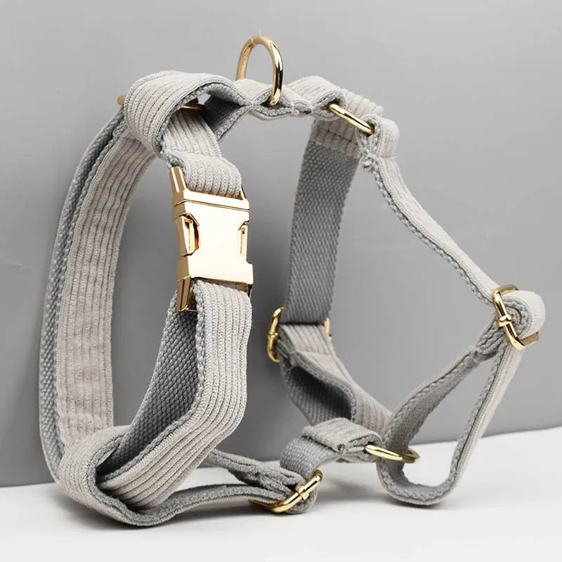 Luxury light grey corduroy dog harness with gold hardware, handmade for comfort and style.