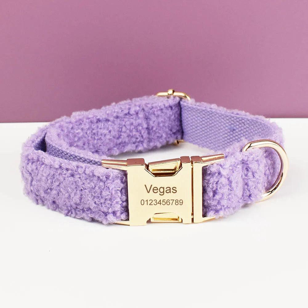 Luxurious lilac handmade teddy fabric dog collar with engravable clasp.
