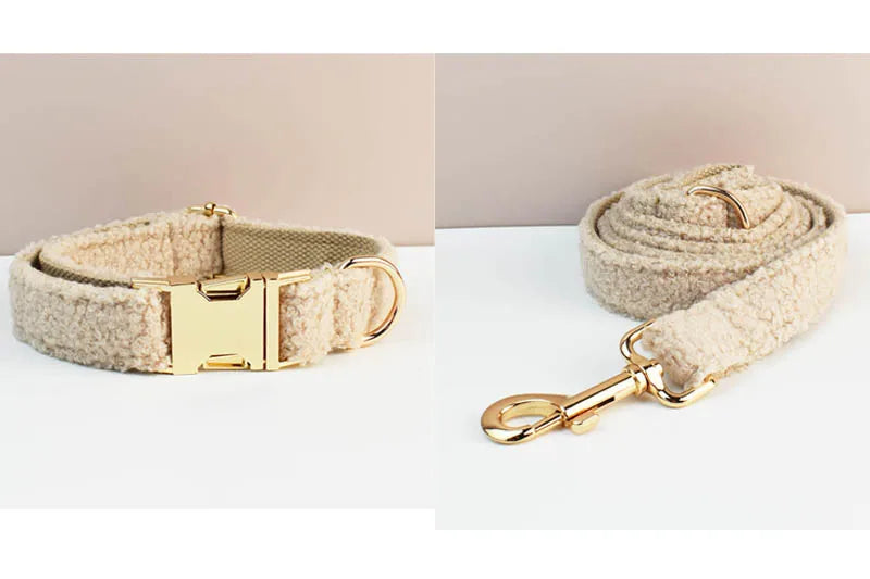 Luxury handmade teddy fabric pet collar and leash in beige with gold metal hardware.