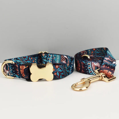Ethnic style dog collar with custom engraved nameplate and matching leash for small to large dogs.