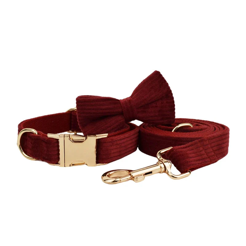Luxury handmade red corduroy pet accessories with gold hardware, featuring collar, bowtie, and lead.