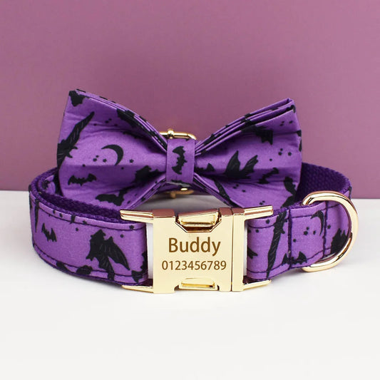 Vampire Nights Personalised Dog Collar & Harness Set – Halloween 4-Piece Pet Accessory with Engraved ID Tag, Lead & Bow Tie (XS–XL)