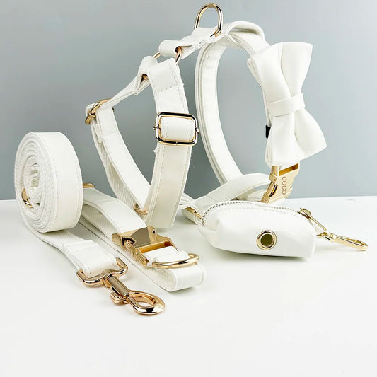 Handmade white leather pet accessories set with engravable options and detachable bow tie.