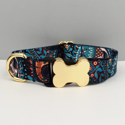 Ethnic style dog collar with custom engraved nameplate and quick release buckle.