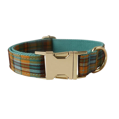 Handmade tartan grid pet leash in heather green with engravable luxury pet accessories.