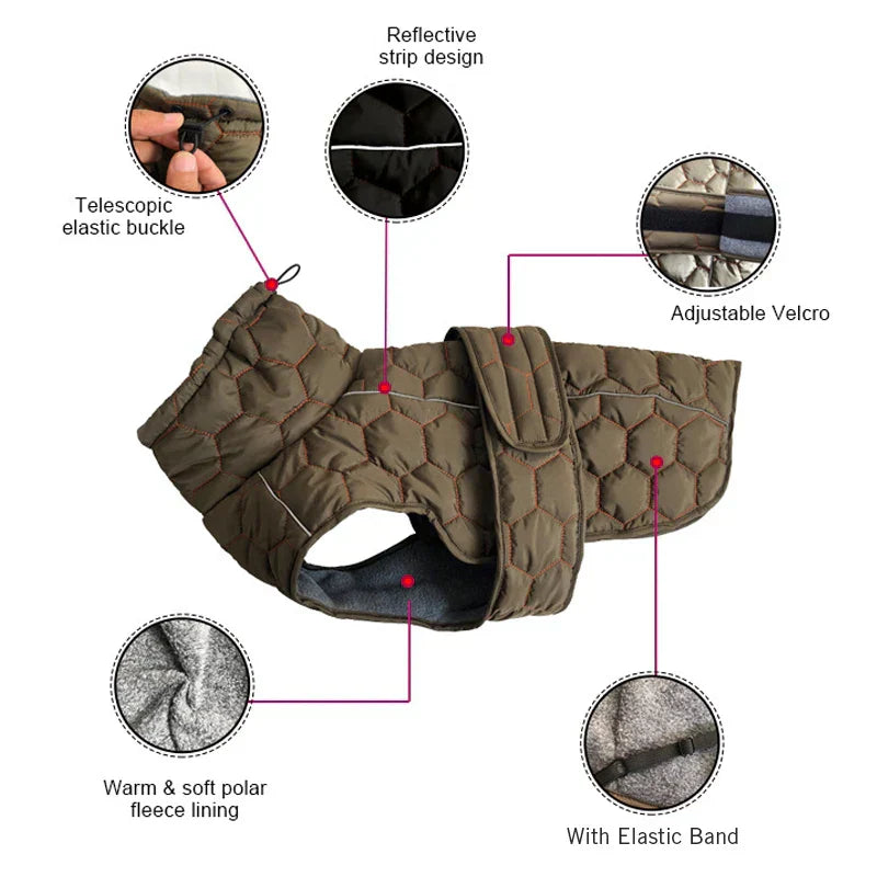 Warm & waterproof dog coat with reflective strips, adjustable Velcro, polar fleece lining, and hexagon quilted pattern, ideal for medium to large breeds.