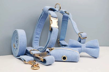 Personalised Blue Corduroy Dog Set – Choose Collar, Harness, Lead or Full Bundle