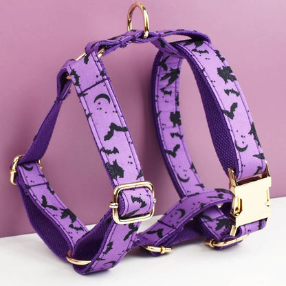 Vampire Nights Personalised Dog Collar & Harness Set – Halloween 4-Piece Pet Accessory with Engraved ID Tag, Lead & Bow Tie (XS–XL)
