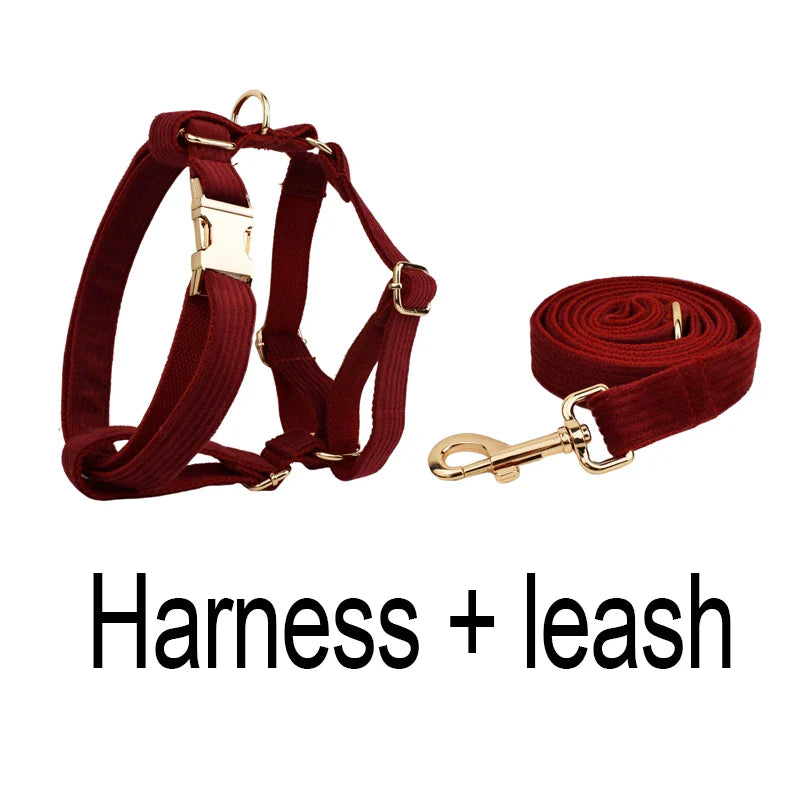 Red Handmade Corduroy Fabric Dog Harness and Leash Set with Gold Hardware - Luxury Pet Accessory.