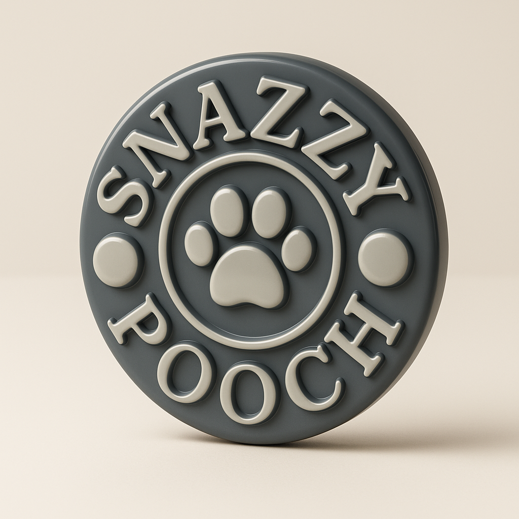 Round gray and beige plaque with 'Snazzy Pooch' text and paw print on a beige background