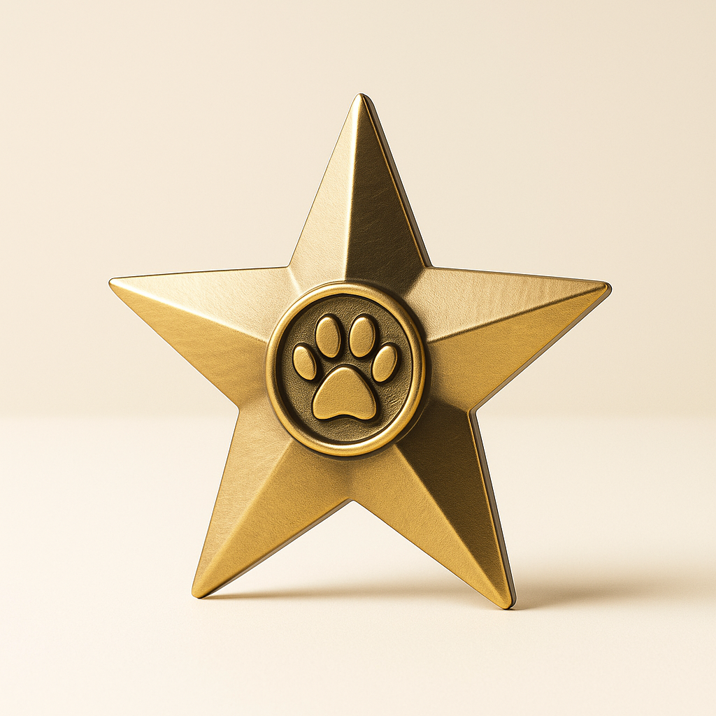 Gold star-shaped award with a paw print center on a beige background