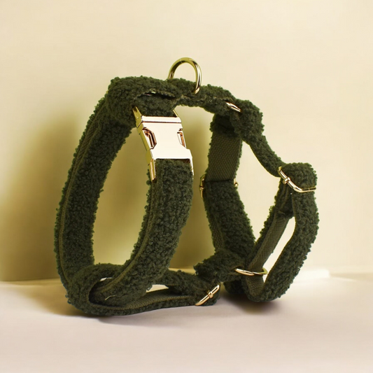 Forest green teddy fleece dog harness with gold hardware and engraved buckle, over-the-head H-shaped design.