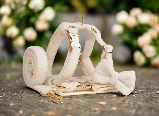 "Wedding Tails" Teddy Fabric Dog Harness Set in white with bowtie and leash, featuring gold-tone hardware.