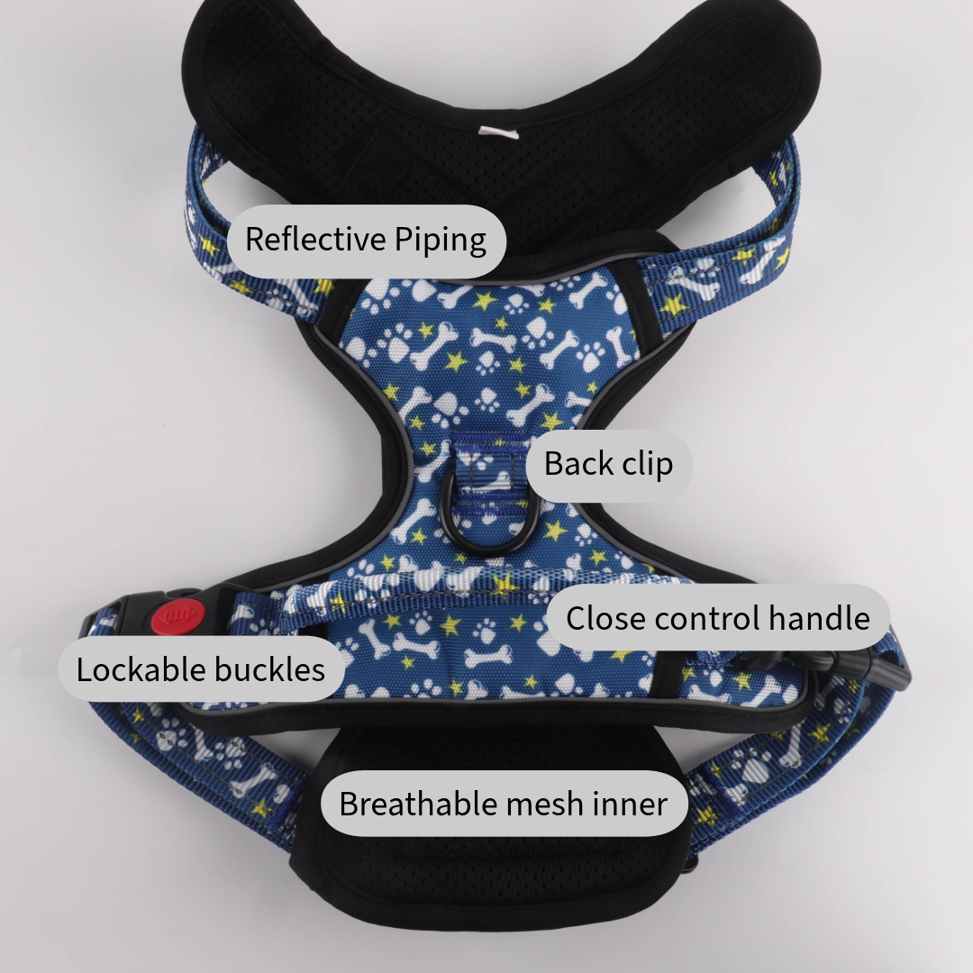 Snazzy Pooch no-pull dog harness with reflective piping, lockable buckles, and playful paws and bones design.