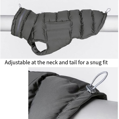 Waterproof, insulated dog coat with adjustable closures for snug fit.