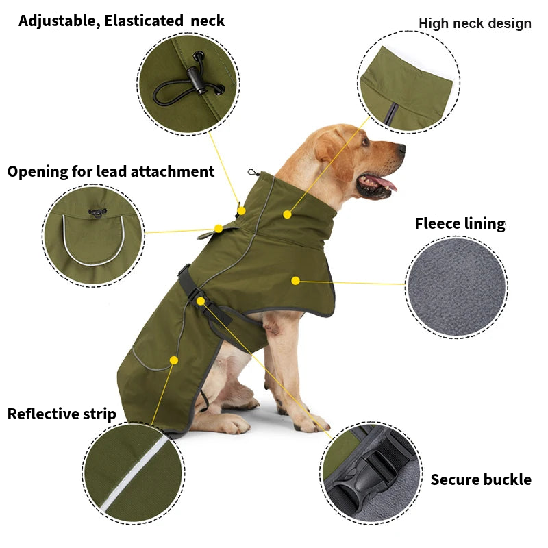 Large breed winter dog coat with waterproof polyester, fleece lining, reflective strips, adjustable straps, and secure buckle.