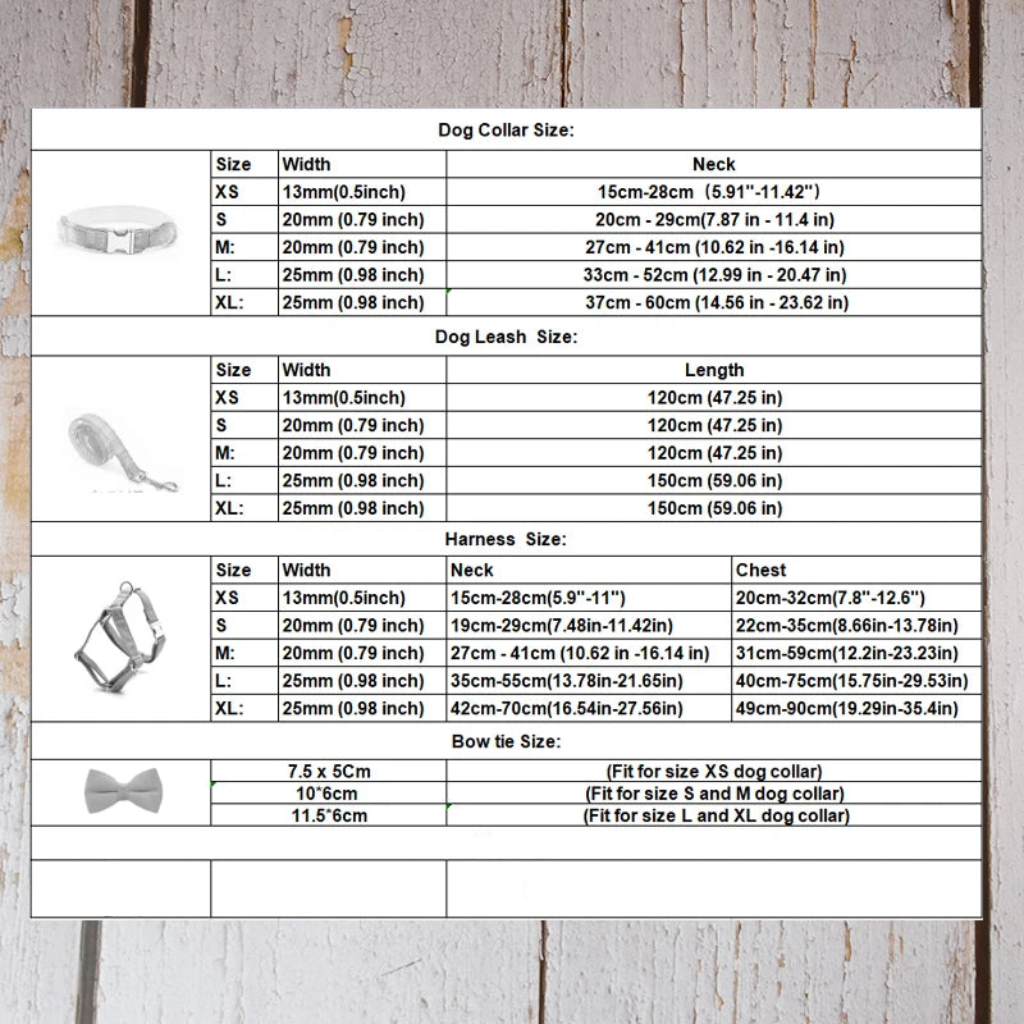 "The 'Wedding Tails' Teddy Fabric Dog Harness Size Chart"