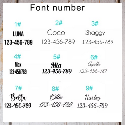 Engravable font options for handmade leather pet accessories.