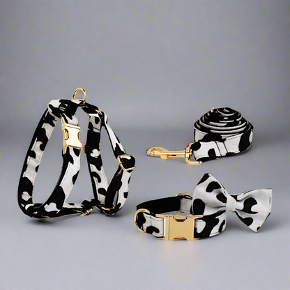 Cow Print Personalised Dog Harness 5PC Set – Collar, Lead, Bow, Poop Bag & More