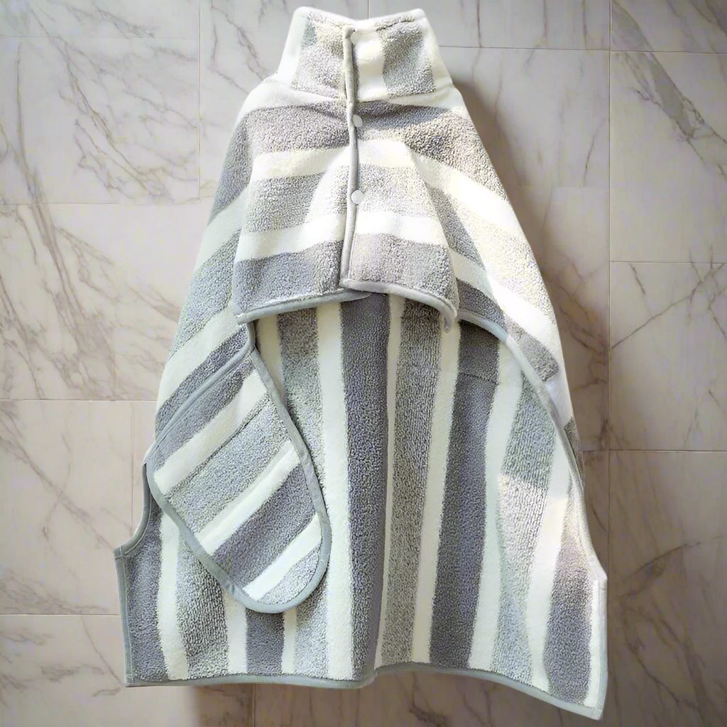 Fleece drying robe for dogs in grey and white stripe, ultra-soft coral velvet for quick drying and comfort.