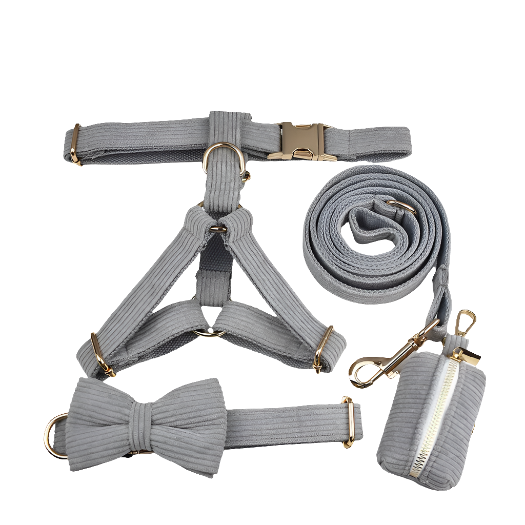 Light grey corduroy pet accessory set with harness, collar, lead, bowtie, and gold hardware.