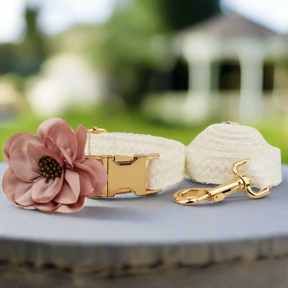 Elegant White Lace Dog Wedding Set – Collar, Harness & Lead | Personalised