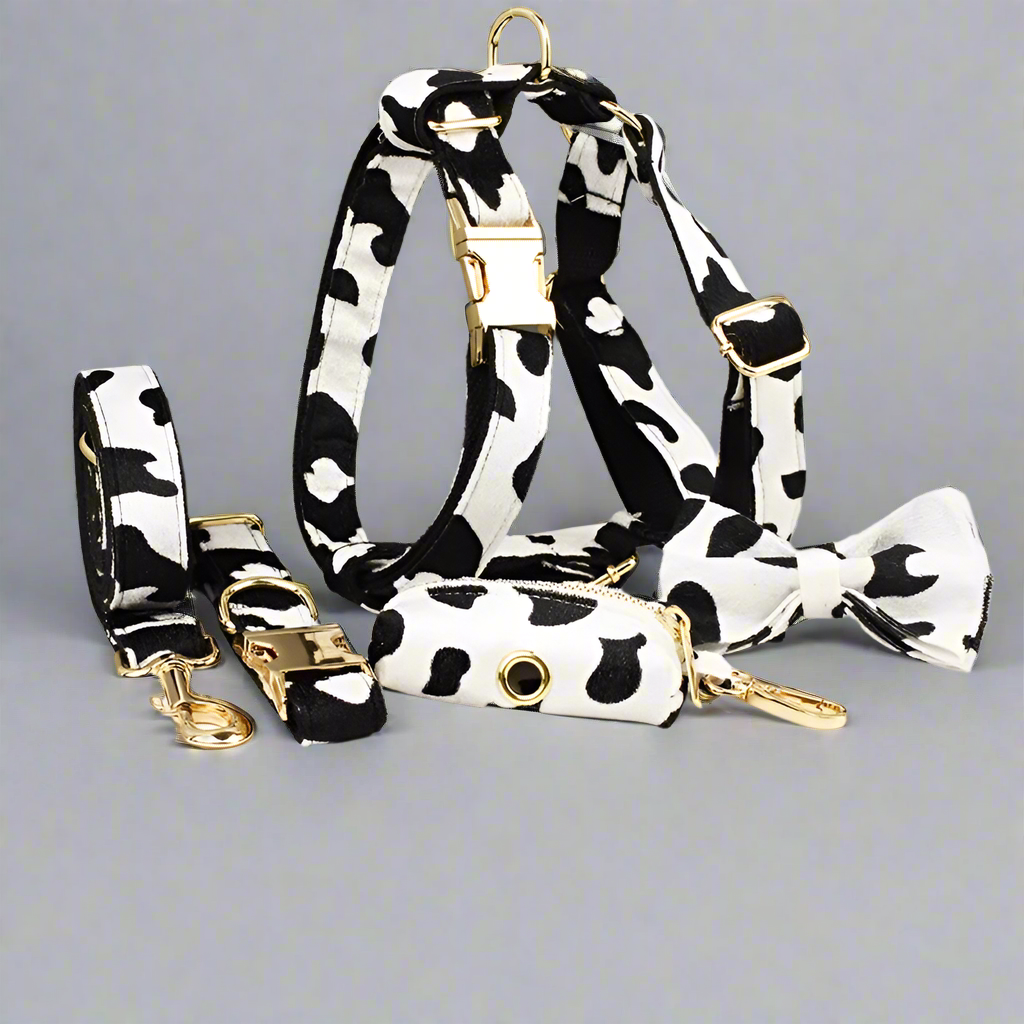 Cow Print Personalised Dog Harness 5PC Set – Collar, Lead, Bow, Poop Bag & More