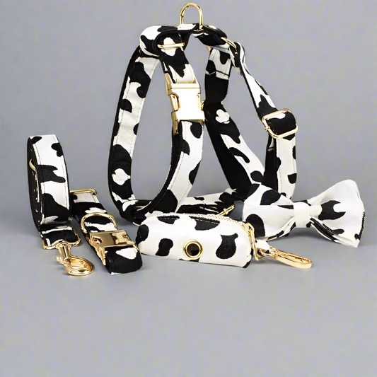 Cow Print Personalised Dog Harness 5PC Set – Collar, Lead, Bow, Poop Bag & More
